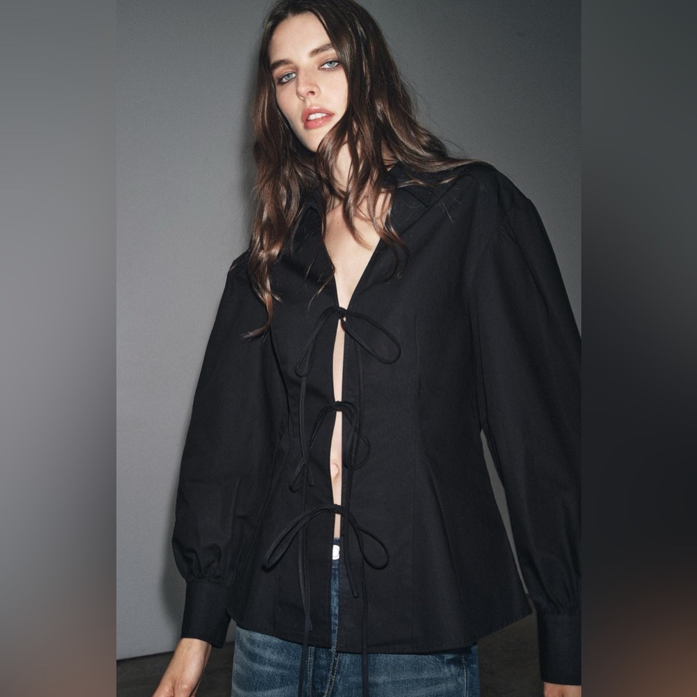 ZARA Black Poplin shirt with ties & voluminous sleeves. S NWT